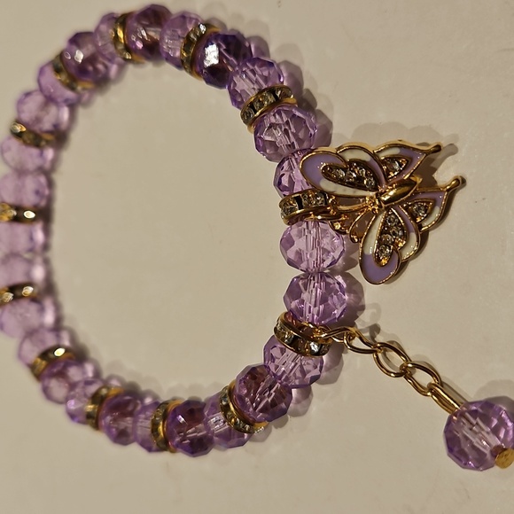 3 Purple Glass, Crystal & Rhinestone Beaded Stretch Bracelet Set with Charms - Picture 5 of 7